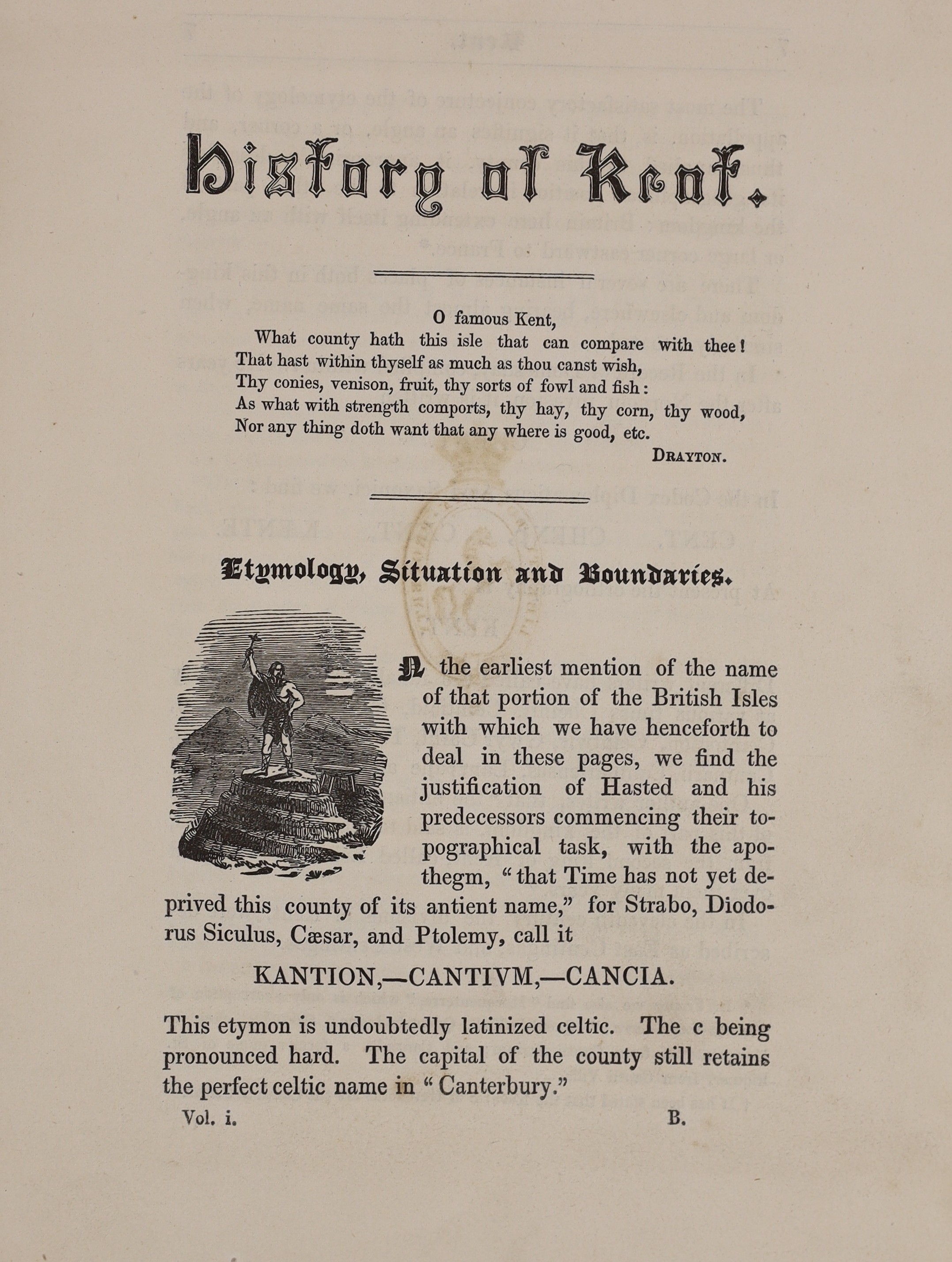 Dunkin, Alfred John - History of the County of Kent, 2 vols, with authors presentation inscription, 4to, blue cloth gilt blind embossed, John Russell Smith, London, 1856-58 [only 70 copies printed of vol. 1 and 200 of vo